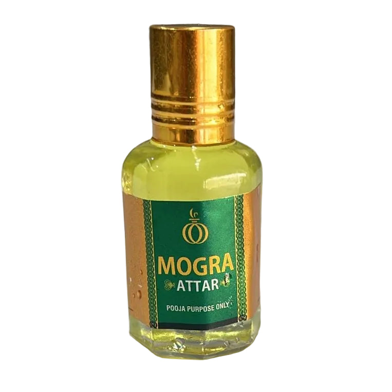 Bottle of Mogra Attar with a gold cap on a white background