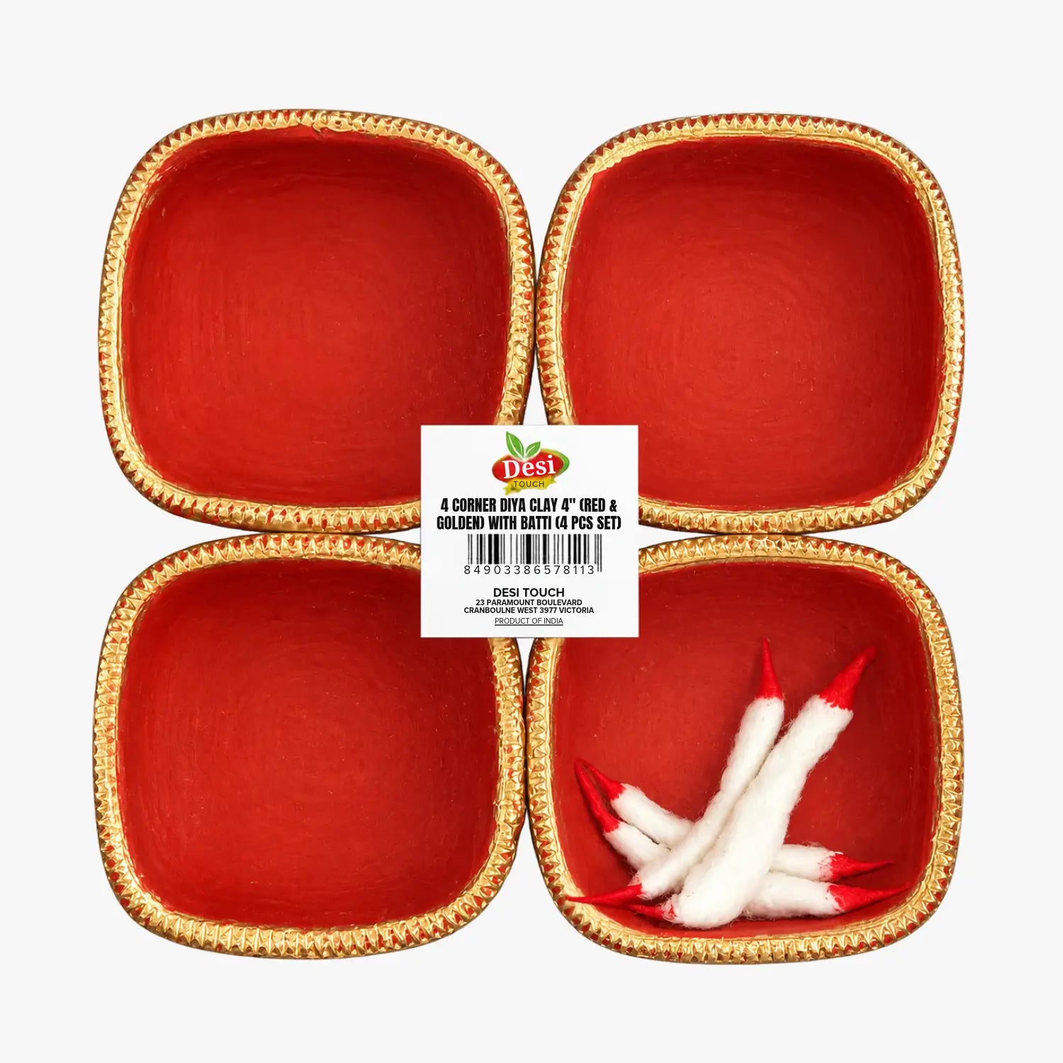 Diwali Diya 4 Corner Red & Gold Big 4 Pcs - Desi Touch