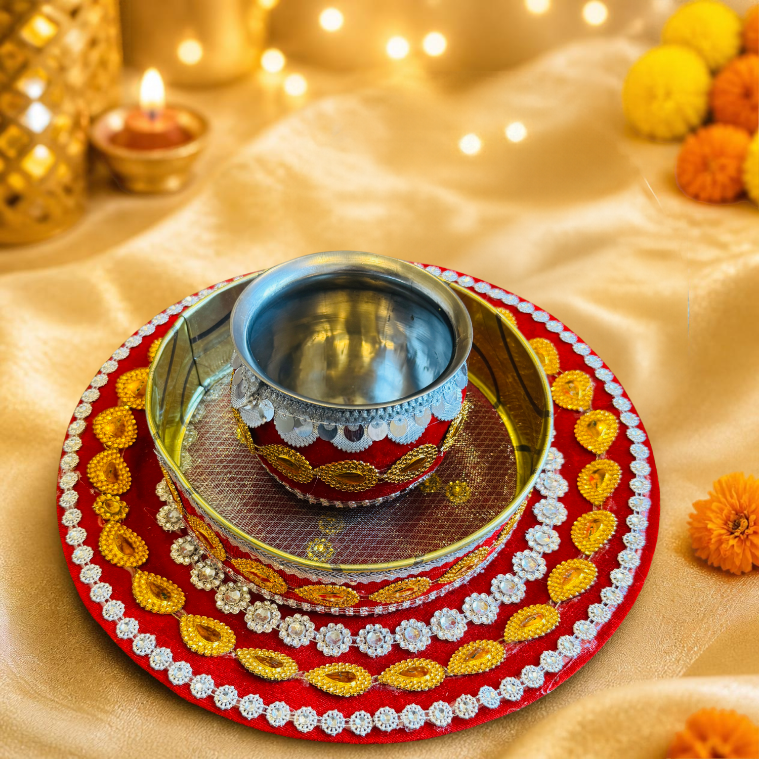 Karwa Chauth Festive Thali Set - 06(silver floral)-2