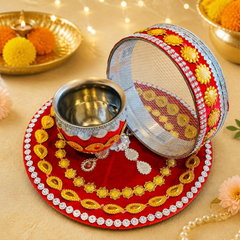 Karwa Chauth Festive Thali Set - 06(silver mirror)-1