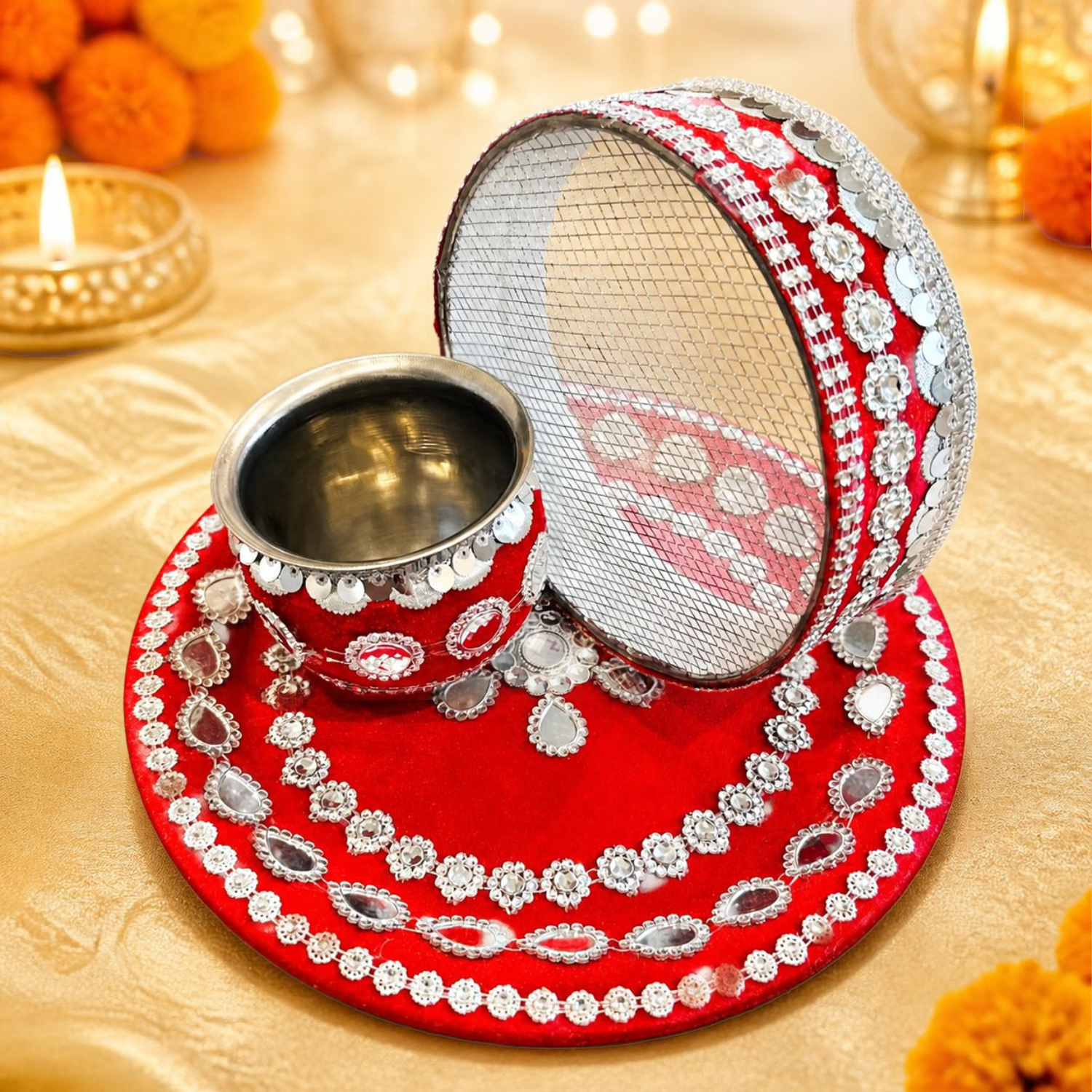 Karwa Chauth Festive Thali Set - 07(silver floral)-1