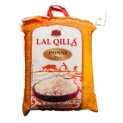 A package of Lal Qilla Ponni Raw Basmati Rice weighing 5kg, with branding and product visible through the transparent window.
