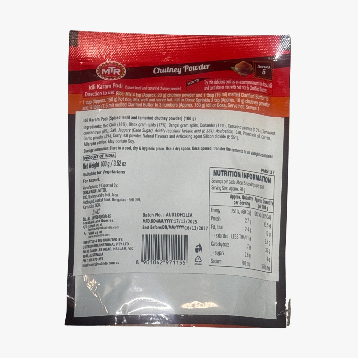 MTR Idli Karam Podi Chutney Powder 100g