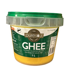 A container of Desi Ghee with the brand Puresoul New Zealand Grass-Fed label, 1 liter in size, with a green lid.
