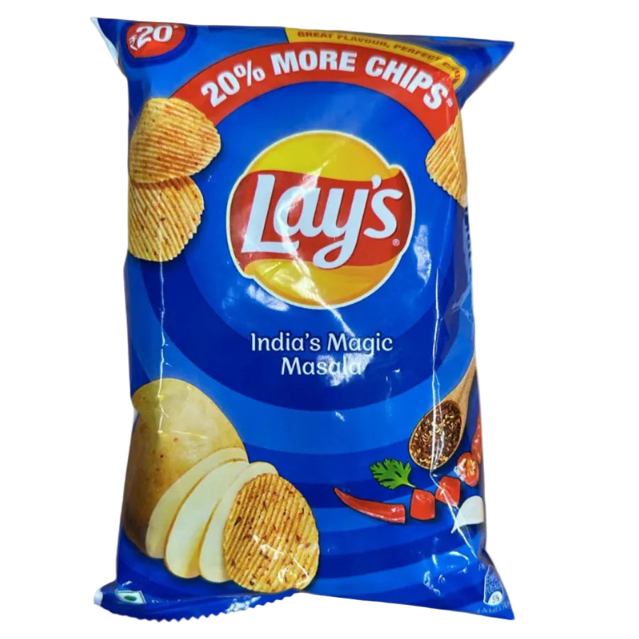 A bag of Lay's chips with 'Magic Masala' flavor, predominantly blue in color with images of the chips and Masala spices.
