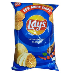 A bag of Lay's chips with 'Magic Masala' flavor, predominantly blue in color with images of the chips and Masala spices.