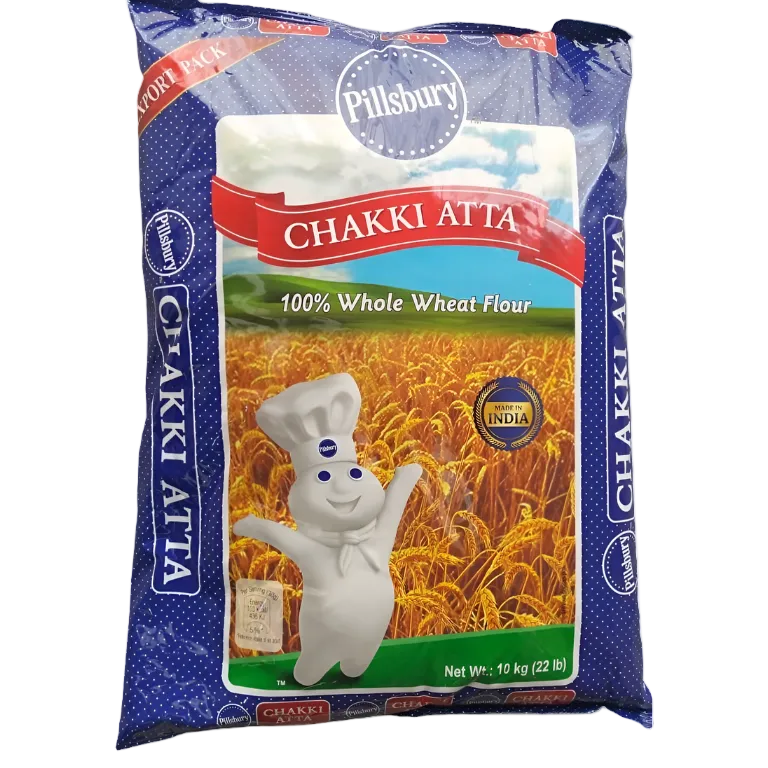 A pack of Pillsbury Chakki Atta, which is 100% whole wheat flour, in a 10kg blue and white bag.