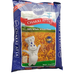 A pack of Pillsbury Chakki Atta, which is 100% whole wheat flour, in a 10kg blue and white bag.