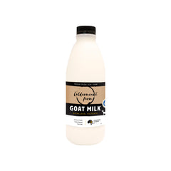 Bottle of goat milk from Calderdale Farm on a white background