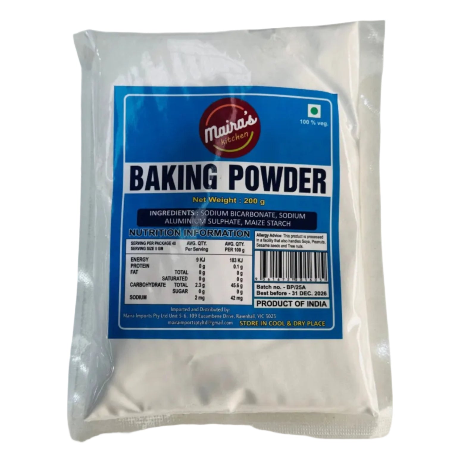 A pack of Maira's Kitchen Baking Powder, 200g, with product details and ingredients visible on the label.