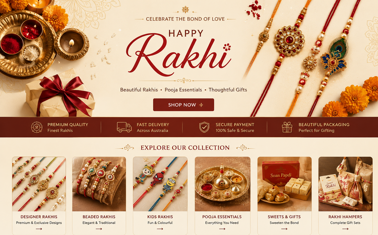 A festive Rakhi promotional banner with multiple decorative thread-wrapped gifts, a diya set, marigolds, and several Rakhi bracelets displayed on a cream background with large 'Happy Rakhi' text and a 'Shop Now' button.