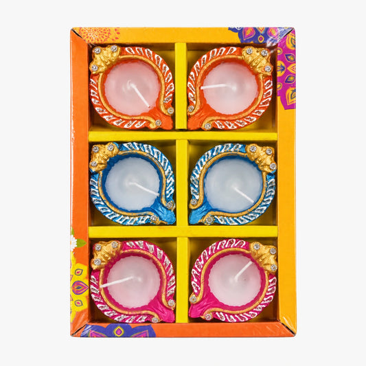 Decorative Assorted Multi-Color Wax Diyas 6 Pcs