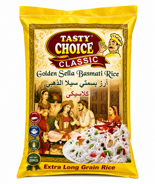 A 20kg bag of Tasty Choice Classic Golden Sella Basmati Rice, featuring a bright yellow packaging design with traditional illustrations and a photo of the prepared rice dish.
