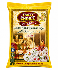 A 20kg bag of Tasty Choice Classic Golden Sella Basmati Rice, featuring a bright yellow packaging design with traditional illustrations and a photo of the prepared rice dish.