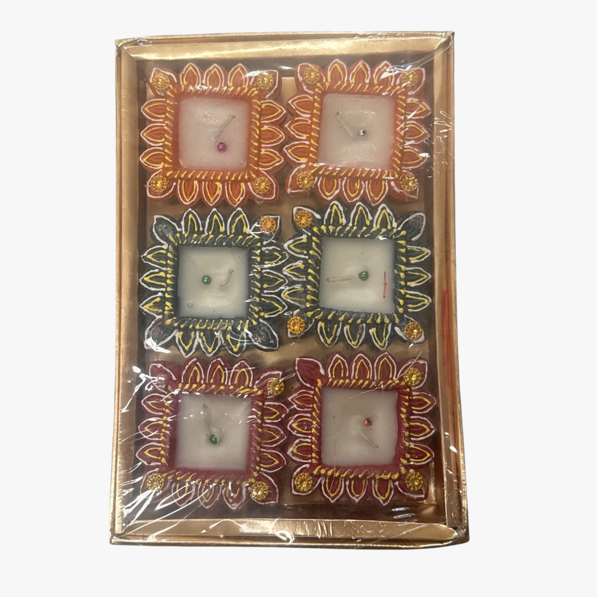 Handcrafted Square Flower Border Wax Diya Set of 6