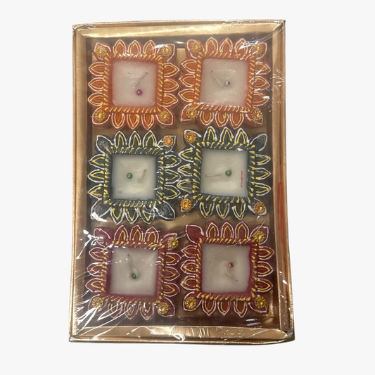 Handcrafted Square Flower Border Wax Diya Set of 6