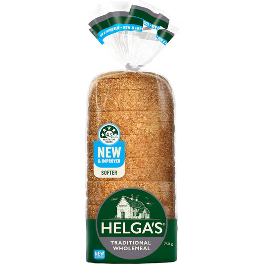 Packaged loaf of Helga's Traditional Wholemeal bread on a white background