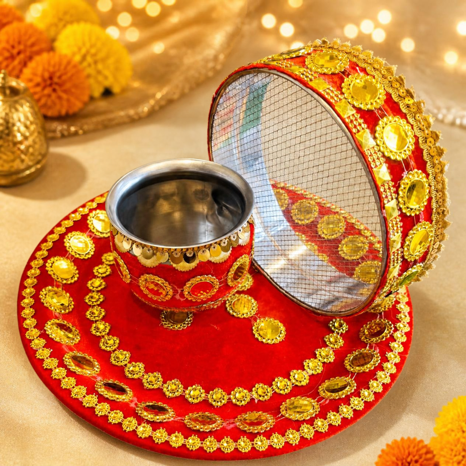 Karwa Chauth Festive Thali Set - 06(golden circle)-1