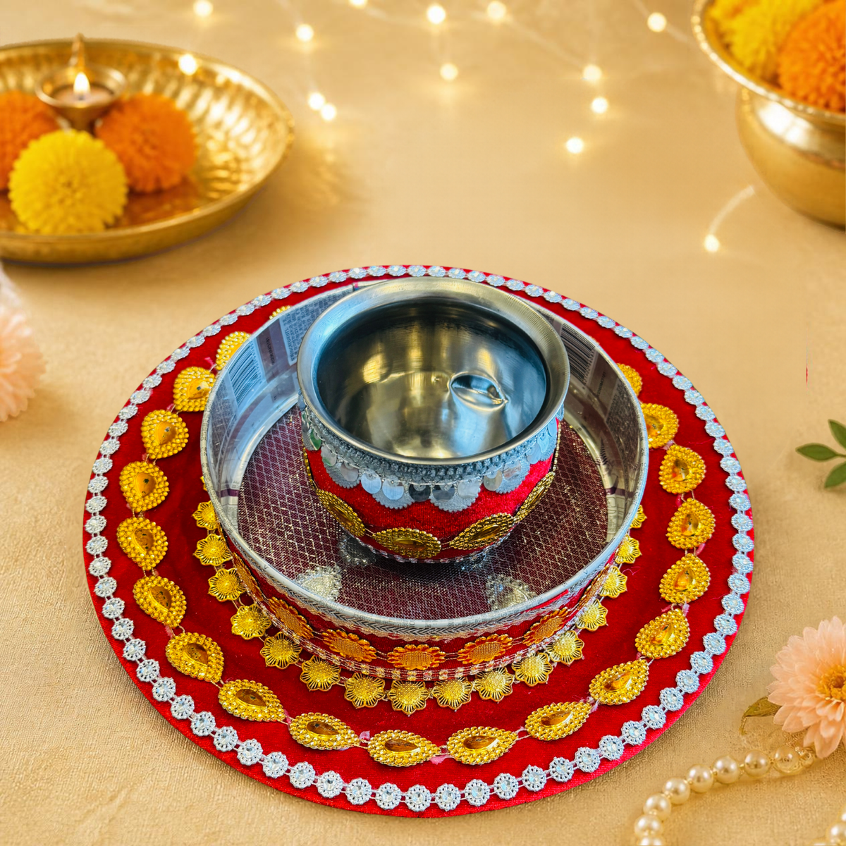 Karwa Chauth Festive Thali Set - 06(silver mirror)-2