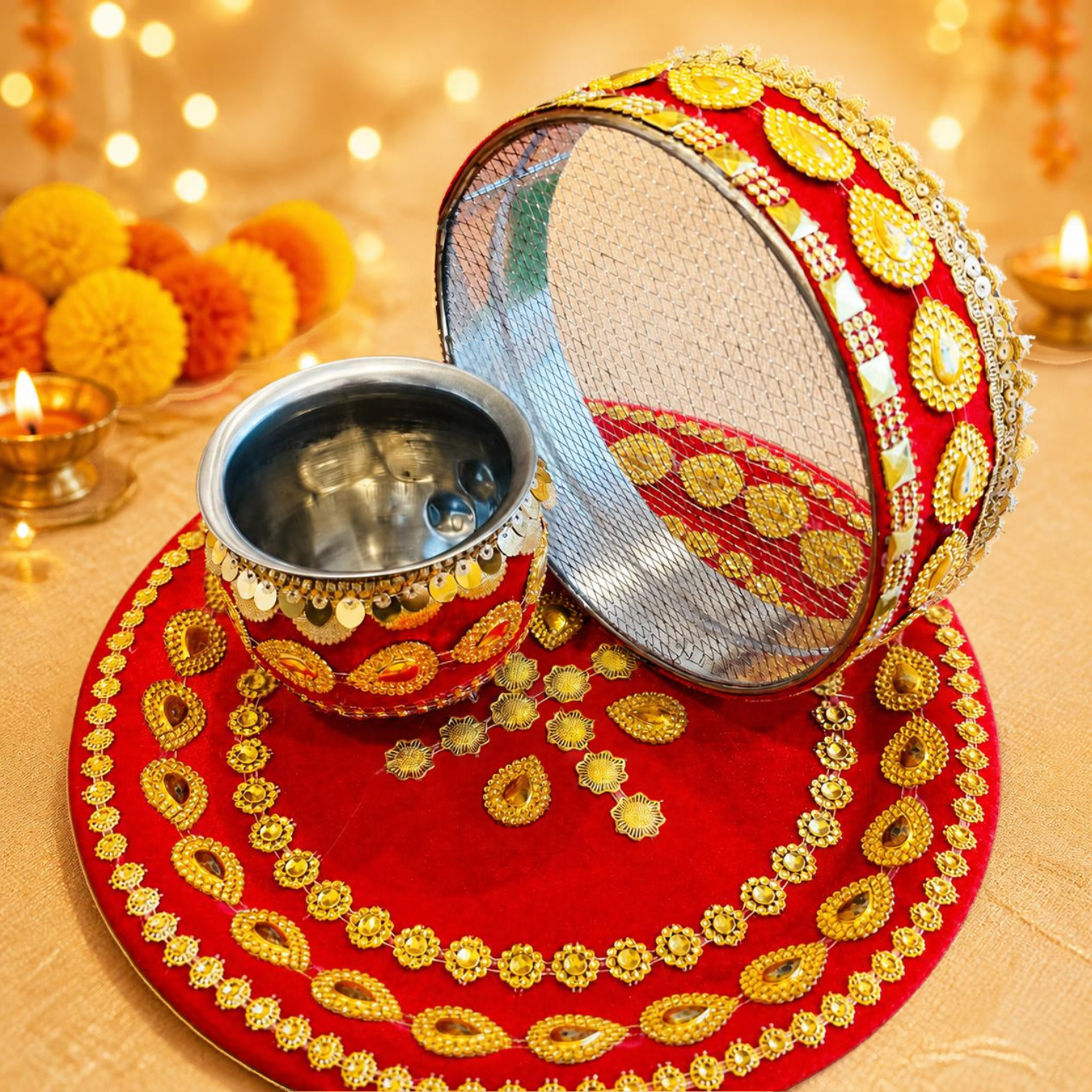 Karwa Chauth Festive Thali Set - 07(golden floral)-1