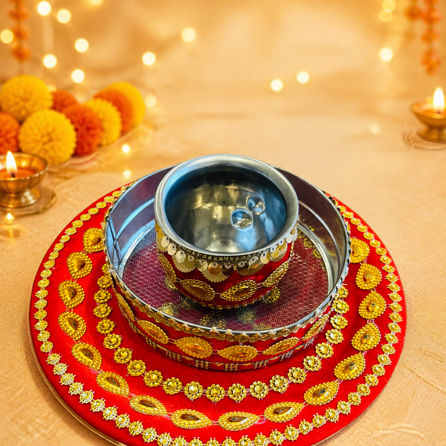 Karwa Chauth Festive Thali Set - 07(golden floral)-2