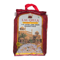 A 10kg bag of Lal Qilla Classic Whiteline Basmati Rice with a red packaging, displaying the brand logo, product name, and an illustration of an Indian palace.