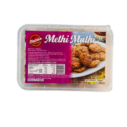 Packaging of Methi Mathi snacks from Maira's Kitchen, showing the product name, weight, and an image of the fenugreek leaf and spices used in the snack.