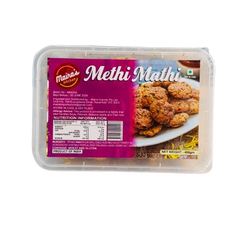 Packaging of Methi Mathi snacks from Maira's Kitchen, showing the product name, weight, and an image of the fenugreek leaf and spices used in the snack.