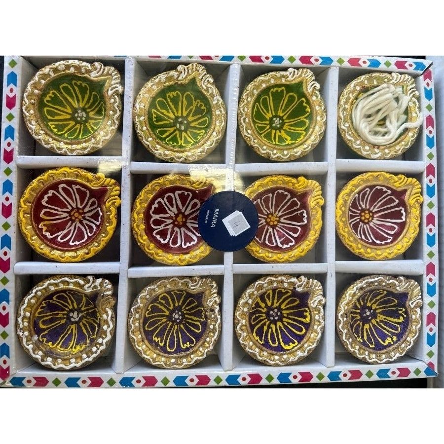 Multicolored Diya with Baati (Pack of 12) Design#3