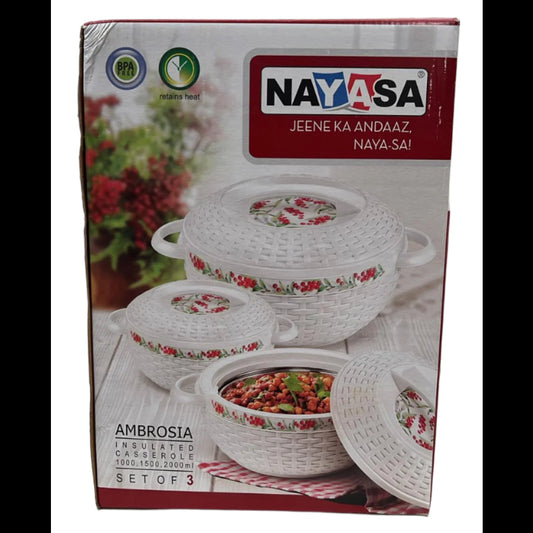 Packaging of Nayasa Ambrosia Insulated Casserole with floral designs and a clear window showing the casserole dishes inside.