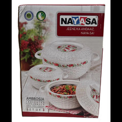 Packaging of Nayasa Ambrosia Insulated Casserole with floral designs and a clear window showing the casserole dishes inside.