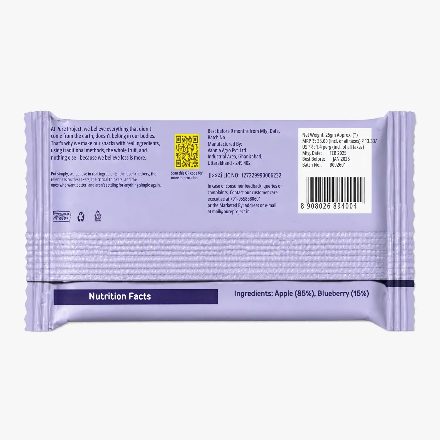 Pure Project Blueberry & Apple Fruit Bar 25g 