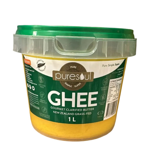 A container of Desi Ghee with the brand Puresoul New Zealand Grass-Fed label, 1 liter in size, with a green lid.