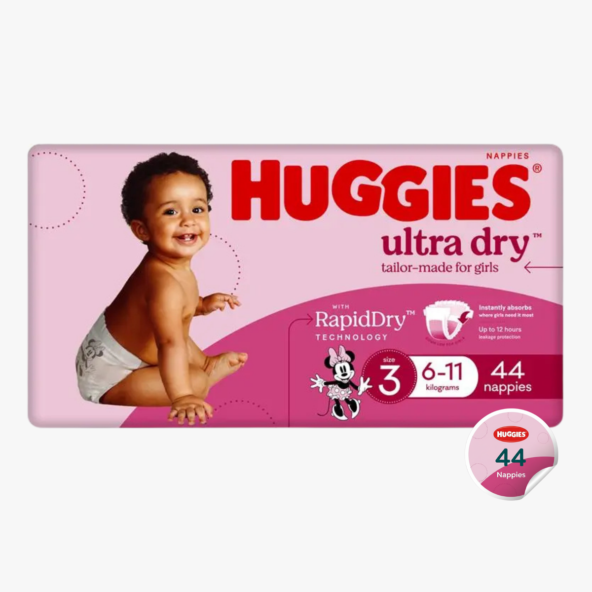 Ultra Dry Nappies Girls Size 3 (6-11Kg) 44 Nappies - Huggies