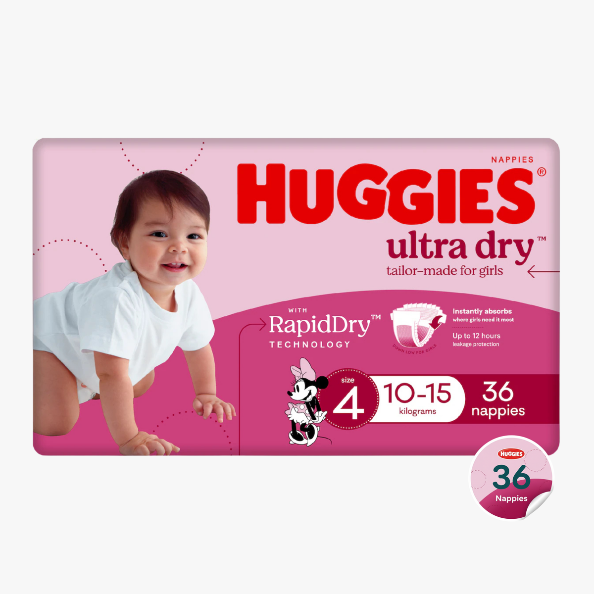 Ultra Dry Nappies Girls Size 4 (10-15Kg) 36 Nappies - Huggies