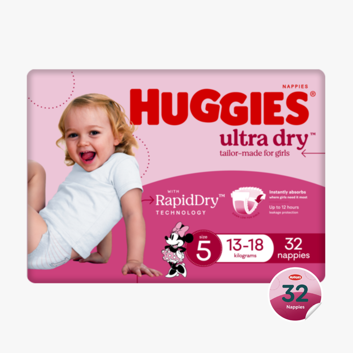 Ultra Dry Nappies Girls Size 5 (13-18Kg) 32 Nappies - Huggies