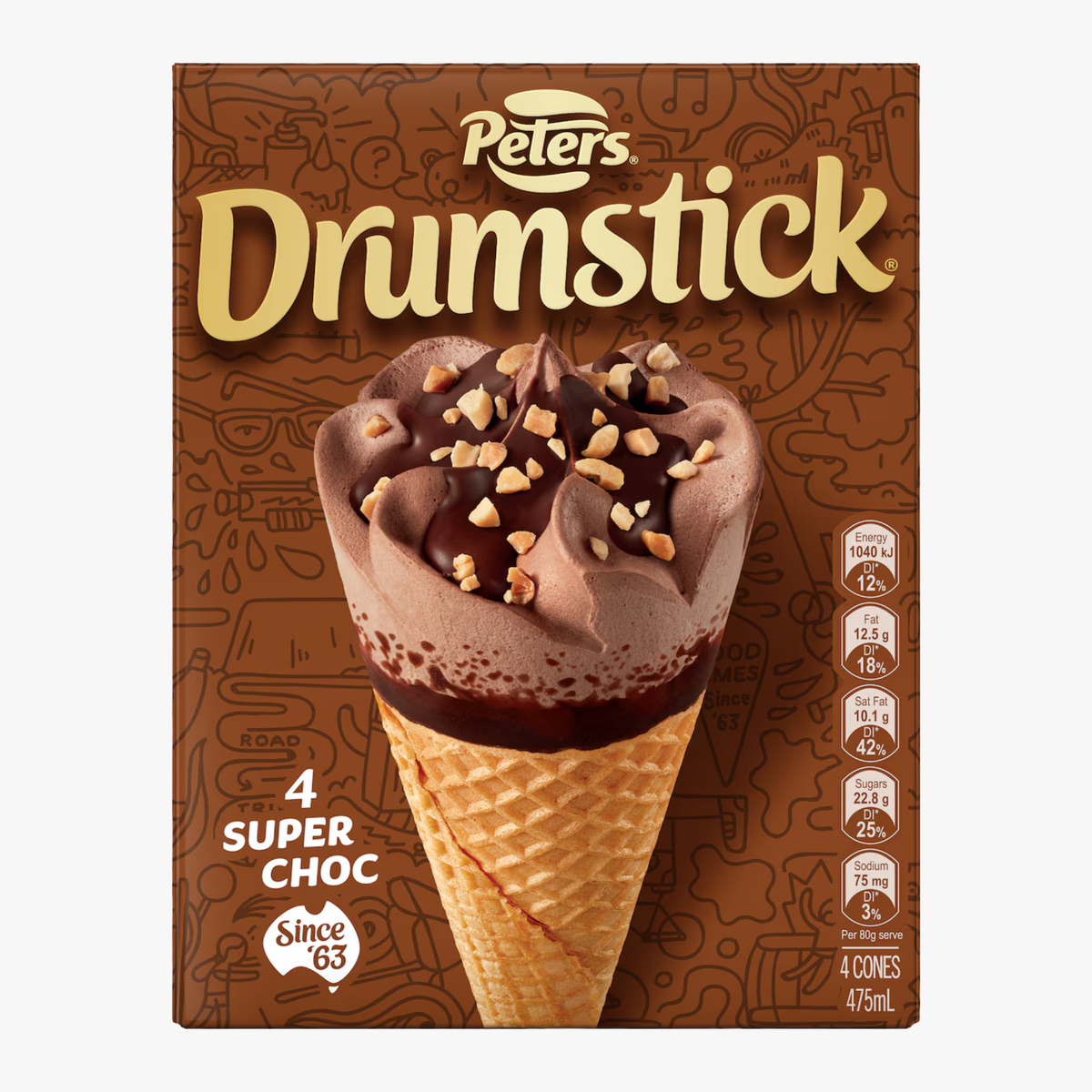 Drumstick Super Choc Cones 4 Pack 475ml - Peters