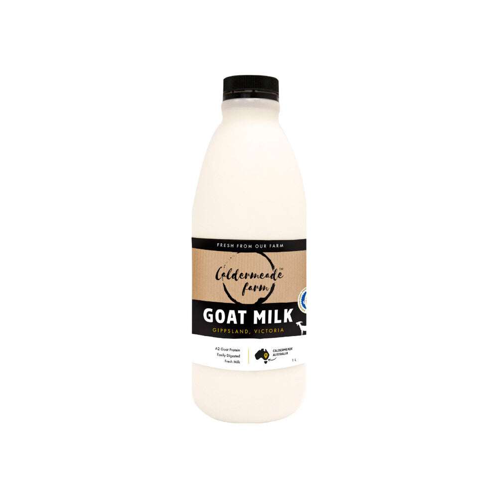 Bottle of goat milk from Calderdale Farm on a white background