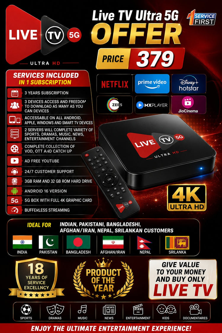 Promotional graphic for a 'Live TV Ultra 5G Offer' priced at 379, featuring a black streaming box with a red 'LIVE TV ULTRA 5G' label. The design includes logos for Netflix, Prime Video, Disney+, Hotstar, MX Player, Joacria, ZEE5, and Hulu, along with service details, country compatibility, and customer testimonials.