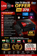 Promotional graphic for a 'Live TV Ultra 5G Offer' priced at 379, featuring a black streaming box with a red 'LIVE TV ULTRA 5G' label. The design includes logos for Netflix, Prime Video, Disney+, Hotstar, MX Player, Joacria, ZEE5, and Hulu, along with service details, country compatibility, and customer testimonials.